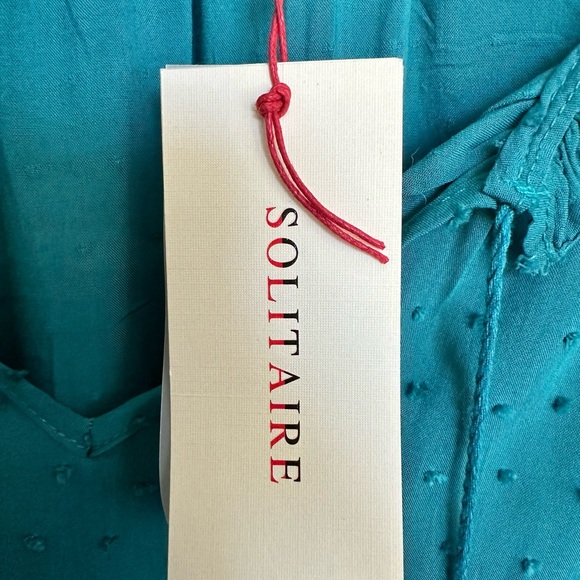 Solitaire Tunic Embroidered Peasant Blouse Turquoise Ruffled Neck Ties Size S - Picture 10 of 13